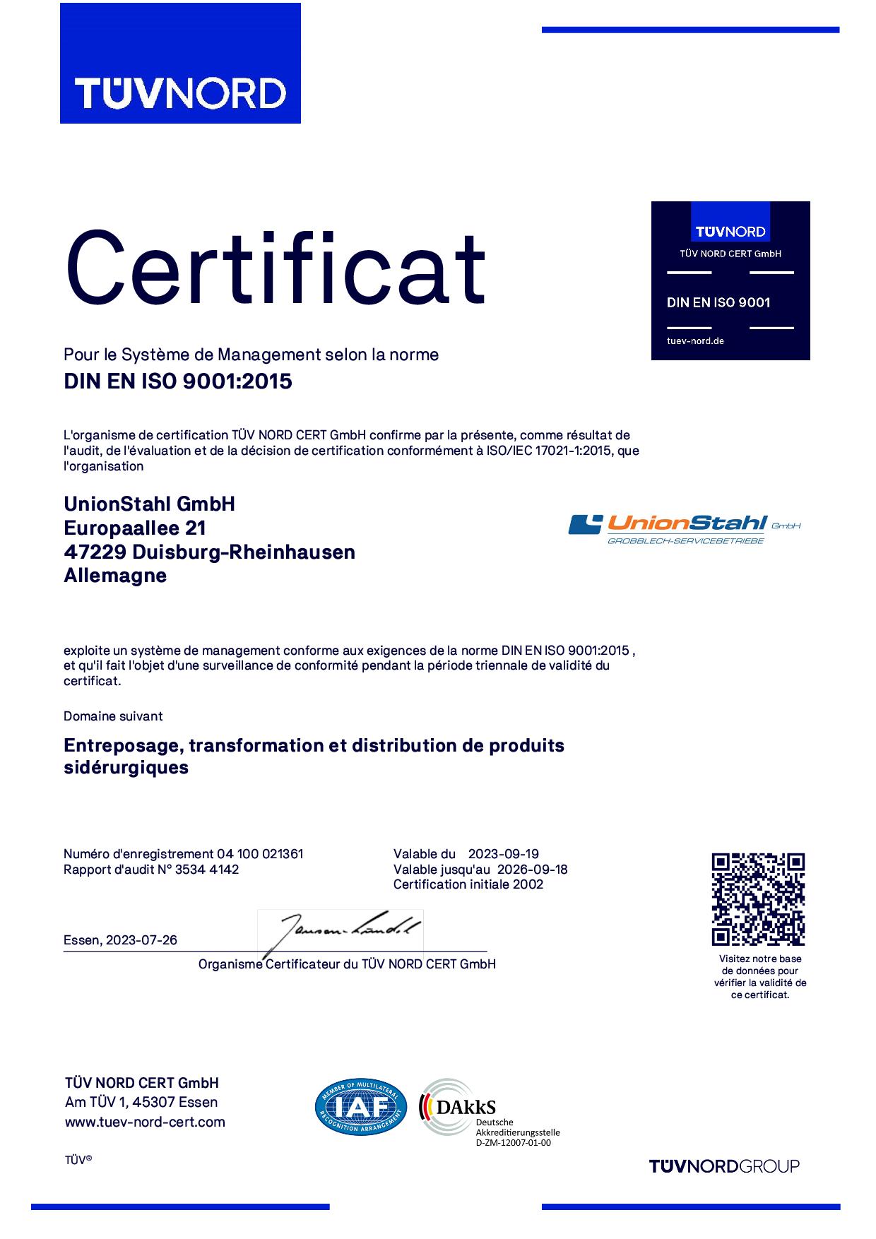 Certificat ISO 9001:2015 de UnionStahl