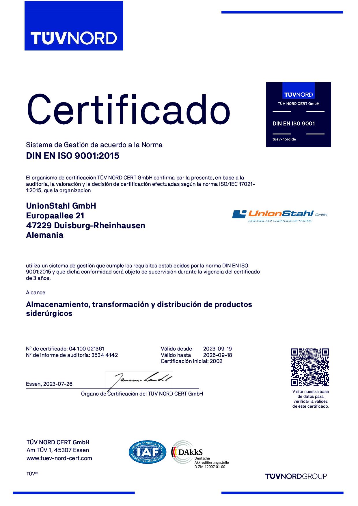 Certificado ISO 9001:2015 de UnionStahl